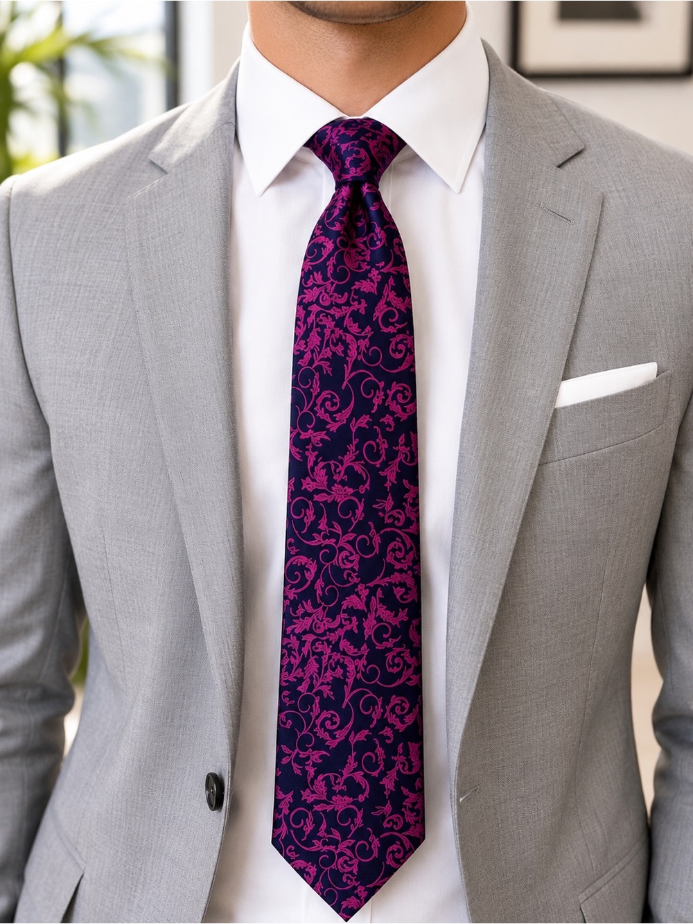 Hisdern Men’s Navy Fuchsia Floral Scroll Necktie Bold Dress Tie